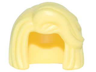 Display of LEGO part no. 28420 which is a Bright Light Yellow Minifigure, Hair Female Short, Bob Cut with Side Part and High Bangs 