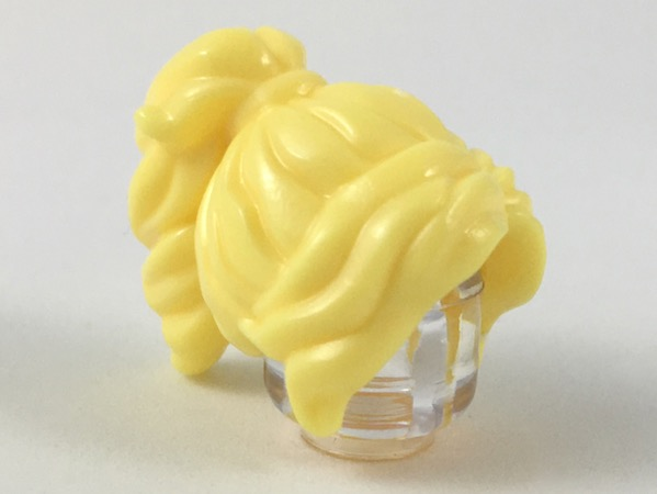 Display of LEGO part no. 28432 Bright Light Yellow Minifigure, Hair Female Long Wavy with Ponytail