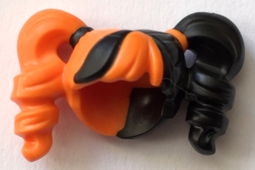 Display of LEGO part no. 28798pb01 Minifigure, Hair Female Pigtails High Bouncy, Hole on Top with Black Hair on Left Side and Black Tie on Right Side Pattern  which is a Orange Minifigure, Hair Female Pigtails High Bouncy, Hole on Top with Black Hair on Left Side and Black Tie on Right Side Pattern 