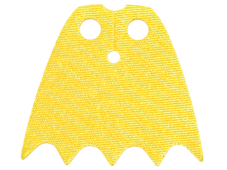Display of LEGO part no. 29028 which is a Yellow Minifigure Cape Cloth with Top Holes and Scalloped 5 Points Bottom (Batman), Long, Circle Neck Cut, Shiny Satin Fabric 