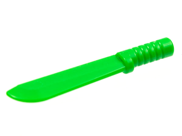 Display of LEGO part no. 29109 Minifigure, Weapon Machete  which is a Bright Green Minifigure, Weapon Machete 