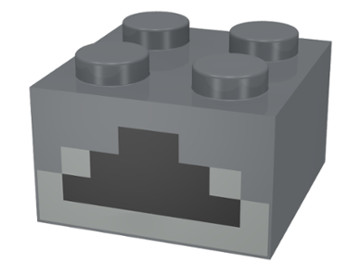 Display of LEGO part no. 3003pb084 Brick 2 x 2 with Light Bluish Gray and Black Minecraft Furnace Geometric Pattern  which is a Dark Bluish Gray Brick 2 x 2 with Light Bluish Gray and Black Minecraft Furnace Geometric Pattern 