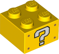 Display of LEGO part no. 3003pb118 Brick 2 x 2 with White Question Mark Pattern on Two Sides  which is a Yellow Brick 2 x 2 with White Question Mark Pattern on Two Sides 