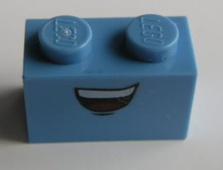 Display of LEGO part no. 3004pb102 Brick 1 x 2 with Open Mouth Smile Pattern (Guido)  which is a Medium Blue Brick 1 x 2 with Open Mouth Smile Pattern (Guido) 