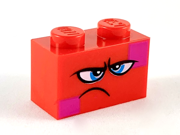 Display of LEGO part no. 3004pb187 Brick 1 x 2 with Dark Azure Eyes, Furrowed Eyebrows, Frown and Magenta Squares on Two Corners Pattern (Queen Watevra Wa'Nabi Face)  which is a Red Brick 1 x 2 with Dark Azure Eyes, Furrowed Eyebrows, Frown and Magenta Squares on Two Corners Pattern (Queen Watevra Wa'Nabi Face) 