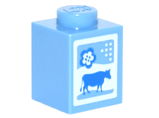 Display of LEGO part no. 3005pb016 Brick 1 x 1 with Cow and Flower Pattern (Milk Carton)  which is a Medium Blue Brick 1 x 1 with Cow and Flower Pattern (Milk Carton) 