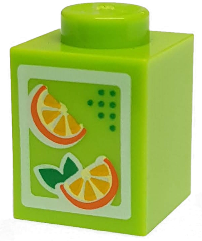 Display of LEGO part no. 3005pb017 Brick 1 x 1 with Oranges Pattern (Juice Carton)  which is a Lime Brick 1 x 1 with Oranges Pattern (Juice Carton) 
