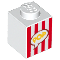 Display of LEGO part no. 3005pb028 Brick 1 x 1 with Red Vertical Stripes and Yellow 'POP' in Speech Bubble (Popcorn Box) Pattern  which is a White Brick 1 x 1 with Red Vertical Stripes and Yellow 'POP' in Speech Bubble (Popcorn Box) Pattern 