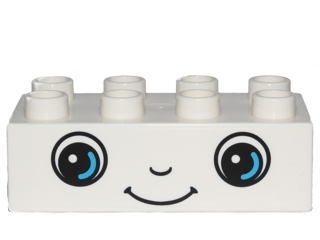 Display of LEGO part no. 3011pb040 Duplo, Brick 2 x 4 with Eyes, Nose and Smile Face Pattern  which is a White Duplo, Brick 2 x 4 with Eyes, Nose and Smile Face Pattern 