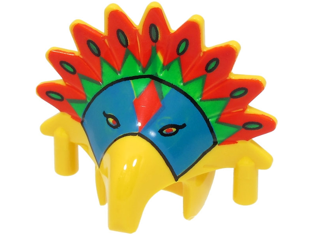 Display of LEGO part no. 30276px1 Minifigure, Headgear Headdress Jungle with Colored Feather Pattern (Achu)  which is a Yellow Minifigure, Headgear Headdress Jungle with Colored Feather Pattern (Achu) 