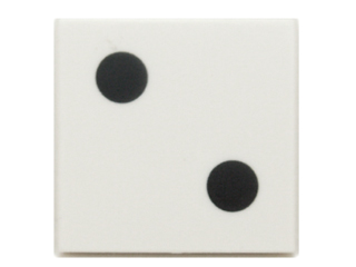 Display of LEGO part no. 3068bpb0192 Tile 2 x 2 with Groove with 2 Black Dots Pattern  which is a White Tile 2 x 2 with Groove with 2 Black Dots Pattern 