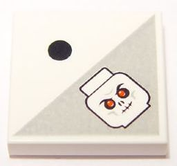 Display of LEGO part no. 3068bpb0392 Tile 2 x 2 with Groove with 1 Black Dot and Light Bluish Gray Triangle with Skull with Red Eyes Pattern  which is a White Tile 2 x 2 with Groove with 1 Black Dot and Light Bluish Gray Triangle with Skull with Red Eyes Pattern 