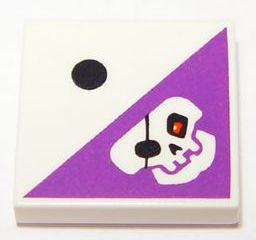 Display of LEGO part no. 3068bpb0393 Tile 2 x 2 with Groove with 1 Black Dot and Dark Purple Triangle with Skull with Eye Patch Pattern  which is a White Tile 2 x 2 with Groove with 1 Black Dot and Dark Purple Triangle with Skull with Eye Patch Pattern 