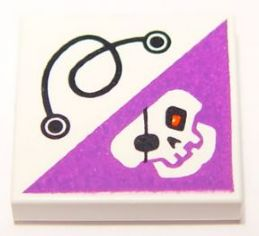 Display of LEGO part no. 3068bpb0394 Tile 2 x 2 with Groove with String and Dark Purple Triangle with Skull with Eye Patch and Red Eye Pattern  which is a White Tile 2 x 2 with Groove with String and Dark Purple Triangle with Skull with Eye Patch and Red Eye Pattern 