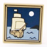 Display of LEGO part no. 3068bpb0408 Tile 2 x 2 with Groove with Sailing Ship and Moon Pattern  which is a Dark Tan Tile 2 x 2 with Groove with Sailing Ship and Moon Pattern 
