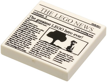 Display of LEGO part no. 3068bpb0431 Tile 2 x 2 with Groove with Newspaper 'THE LEGO NEWS', 'volume 3' and 'The greatest LEGO hero ever!' Pattern  which is a White Tile 2 x 2 with Groove with Newspaper 'THE LEGO NEWS', 'volume 3' and 'The greatest LEGO hero ever!' Pattern 