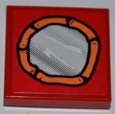 Display of LEGO part no. 3068bpb0461 Tile 2 x 2 with Groove with Mirror Round with Orange Frame Pattern (Sticker), Set 3834  which is a Red Tile 2 x 2 with Groove with Mirror Round with Orange Frame Pattern (Sticker), Set 3834 