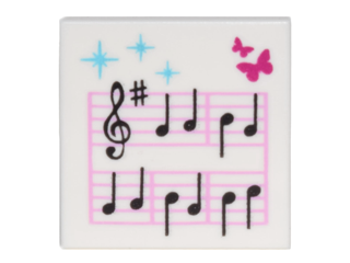 Display of LEGO part no. 3068bpb0589 Tile 2 x 2 with Groove with Music Notes and Butterflies Pattern  which is a White Tile 2 x 2 with Groove with Music Notes and Butterflies Pattern 