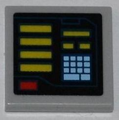 Display of LEGO part no. 3068bpb0647L Tile 2 x 2 with Groove with Yellow Bars, Red Button, Bright Light Blue Keypad Pattern Model Left Side (Sticker), Set 6860  which is a Light Bluish Gray Tile 2 x 2 with Groove with Yellow Bars, Red Button, Bright Light Blue Keypad Pattern Model Left Side (Sticker), Set 6860 