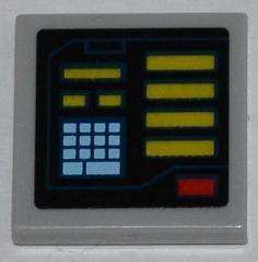 Display of LEGO part no. 3068bpb0647R Tile 2 x 2 with Groove with Yellow Bars, Red Button, Bright Light Blue Keypad Pattern Model Right Side (Sticker), Set 6860  which is a Light Bluish Gray Tile 2 x 2 with Groove with Yellow Bars, Red Button, Bright Light Blue Keypad Pattern Model Right Side (Sticker), Set 6860 