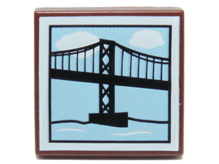 Display of LEGO part no. 3068bpb0674 Tile 2 x 2 with Groove with Suspension Bridge Pattern  which is a Reddish Brown Tile 2 x 2 with Groove with Suspension Bridge Pattern 