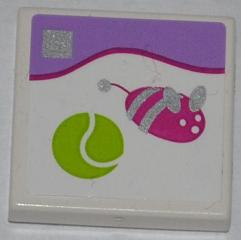 Display of LEGO part no. 3068bpb0748 Tile 2 x 2 with Groove with Lime Tennis Ball, Silver and Dark Pink Toy Mouse Pattern (Sticker), Set 41007  which is a White Tile 2 x 2 with Groove with Lime Tennis Ball, Silver and Dark Pink Toy Mouse Pattern (Sticker), Set 41007 