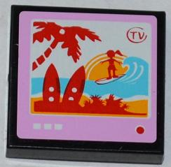 Display of LEGO part no. 3068bpb0752 Tile 2 x 2 with Groove with 'TV' and Surfer and Palm Tree on Screen Pattern (Sticker), Set 3184  which is a Black Tile 2 x 2 with Groove with 'TV' and Surfer and Palm Tree on Screen Pattern (Sticker), Set 3184 