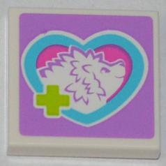 Display of LEGO part no. 3068bpb0753 Tile 2 x 2 with Groove with Lime Cross and Hedgehog in Medium Azure Heart Pattern (Sticker), Set 3188  which is a White Tile 2 x 2 with Groove with Lime Cross and Hedgehog in Medium Azure Heart Pattern (Sticker), Set 3188 