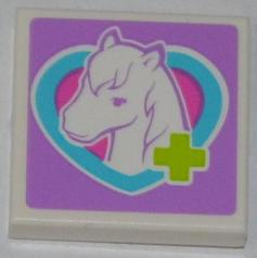 Display of LEGO part no. 3068bpb0756 Tile 2 x 2 with Groove with Lime Cross and Horse Head in Medium Azure Heart Pattern (Sticker), Set 3188  which is a White Tile 2 x 2 with Groove with Lime Cross and Horse Head in Medium Azure Heart Pattern (Sticker), Set 3188 
