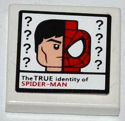 Display of LEGO part no. 3068bpb0759 Tile 2 x 2 with Groove with Question Marks, Minifigure Head and 'The TRUE identity of SPIDER-MAN' Pattern (Sticker), Set 76005  which is a White Tile 2 x 2 with Groove with Question Marks, Minifigure Head and 'The TRUE identity of SPIDER-MAN' Pattern (Sticker), Set 76005 