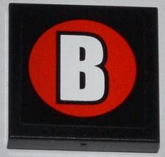 Display of LEGO part no. 3068bpb0760 Tile 2 x 2 with Groove with White Capital Letter B on Red Circle Pattern (Sticker), Set 76005  which is a Black Tile 2 x 2 with Groove with White Capital Letter B on Red Circle Pattern (Sticker), Set 76005 