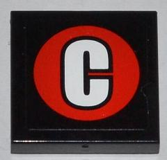 Display of LEGO part no. 3068bpb0761 Tile 2 x 2 with Groove with White Capital Letter C on Red Circle Pattern (Sticker), Set 76005  which is a Black Tile 2 x 2 with Groove with White Capital Letter C on Red Circle Pattern (Sticker), Set 76005 