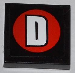 Display of LEGO part no. 3068bpb0762 Tile 2 x 2 with Groove with White Capital Letter D on Red Circle Pattern (Sticker), Set 76005  which is a Black Tile 2 x 2 with Groove with White Capital Letter D on Red Circle Pattern (Sticker), Set 76005 