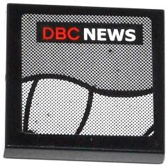 Display of LEGO part no. 3068bpb0764 Tile 2 x 2 with Groove with Curved Lines and 'DBC NEWS' on Screen Pattern (Sticker), Set 76005  which is a Black Tile 2 x 2 with Groove with Curved Lines and 'DBC NEWS' on Screen Pattern (Sticker), Set 76005 