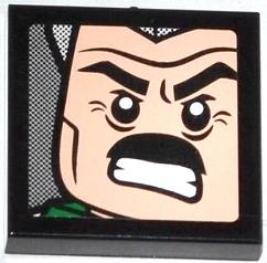 Display of LEGO part no. 3068bpb0766 Tile 2 x 2 with Groove with J. Jonah Jameson on Screen Pattern 4 (Sticker), Set 76005  which is a Black Tile 2 x 2 with Groove with J. Jonah Jameson on Screen Pattern 4 (Sticker), Set 76005 