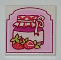 Display of LEGO part no. 3068bpb0818 Tile 2 x 2 with Groove with Strawberry Preserves Pattern  which is a White Tile 2 x 2 with Groove with Strawberry Preserves Pattern 