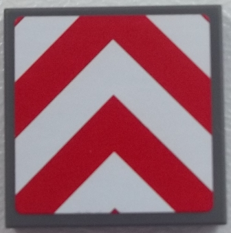 Display of LEGO part no. 3068bpb0855 Tile 2 x 2 with Groove with Chevron Stripes Red and White Pattern (Sticker), Set 60052  which is a Dark Bluish Gray Tile 2 x 2 with Groove with Chevron Stripes Red and White Pattern (Sticker), Set 60052 