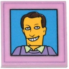 Display of LEGO part no. 3068bpb0925 Tile 2 x 2 with Groove with Simpsons Smiling Male Character Photograph Pattern  which is a Bright Pink Tile 2 x 2 with Groove with Simpsons Smiling Male Character Photograph Pattern 