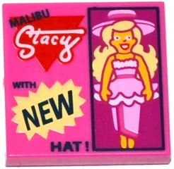 Display of LEGO part no. 3068bpb0928 Tile 2 x 2 with Groove with Doll and 'MALIBU Stacy WITH NEW HAT!' Pattern  which is a Dark Pink Tile 2 x 2 with Groove with Doll and 'MALIBU Stacy WITH NEW HAT!' Pattern 