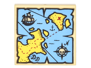 Display of LEGO part no. 3068bpb0929 Tile 2 x 2 with Groove with Map Blue Water, Yellow Land, Compass, Pirate Ship and Red 'X' Pattern  which is a Tan Tile 2 x 2 with Groove with Map Blue Water, Yellow Land, Compass, Pirate Ship and Red 'X' Pattern 
