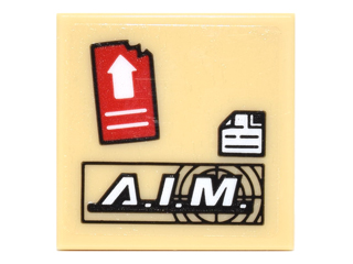Display of LEGO part no. 3068bpb0962 Tile 2 x 2 with Groove with 'A.I.M.' Logo, Red Rectangle with White Arrow and White Square with Bent Corner Pattern (Sticker), Set 75061  which is a Tan Tile 2 x 2 with Groove with 'A.I.M.' Logo, Red Rectangle with White Arrow and White Square with Bent Corner Pattern (Sticker), Set 75061 