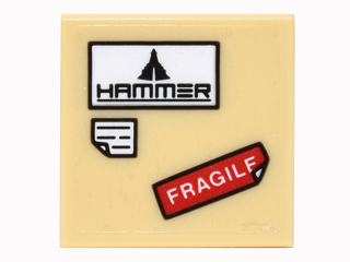Display of LEGO part no. 3068bpb0964 Tile 2 x 2 with Groove with 'HAMMER' Logo, Red 'FRAGILE' and White Note with Bent Corner Pattern (Sticker), Set 76051  which is a Tan Tile 2 x 2 with Groove with 'HAMMER' Logo, Red 'FRAGILE' and White Note with Bent Corner Pattern (Sticker), Set 76051 