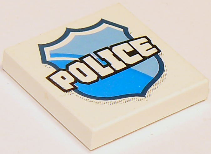 Display of LEGO part no. 3068bpb0974 Tile 2 x 2 with Groove with 'POLICE' on Badge Pattern  which is a White Tile 2 x 2 with Groove with 'POLICE' on Badge Pattern 