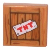 Display of LEGO part no. 3068bpb0975 Tile 2 x 2 with Groove with 'TNT' on Wood Grain Pattern  which is a Medium Nougat Tile 2 x 2 with Groove with 'TNT' on Wood Grain Pattern 