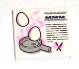 Display of LEGO part no. 3068bpb0976 Tile 2 x 2 with Groove with 'MMM', Eggs and Frying Pan Pattern  which is a White Tile 2 x 2 with Groove with 'MMM', Eggs and Frying Pan Pattern 