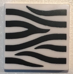 Display of LEGO part no. 3068bpb1032 Tile 2 x 2 with Groove with Zebra Stripes Pattern  which is a White Tile 2 x 2 with Groove with Zebra Stripes Pattern 