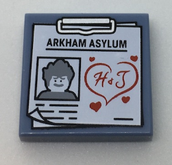 Display of LEGO part no. 3068bpb1043 Tile 2 x 2 with Groove with Clipboard with 'ARKHAM ASYLUM', Joker Image and Red 'H & J' in Heart Pattern  which is a Sand Blue Tile 2 x 2 with Groove with Clipboard with 'ARKHAM ASYLUM', Joker Image and Red 'H & J' in Heart Pattern 