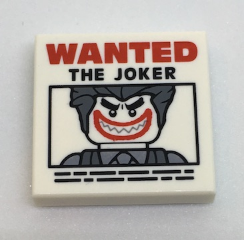 Display of LEGO part no. 3068bpb1044 Tile 2 x 2 with Groove with 'WANTED THE JOKER' Poster Pattern  which is a White Tile 2 x 2 with Groove with 'WANTED THE JOKER' Poster Pattern 