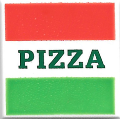 Display of LEGO part no. 3068bpb1045 Tile 2 x 2 with Groove with Red and Green Stripes and Dark Green 'PIZZA' Pattern (Pizza Box)  which is a White Tile 2 x 2 with Groove with Red and Green Stripes and Dark Green 'PIZZA' Pattern (Pizza Box) 
