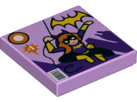 Display of LEGO part no. 3068bpb1059 Tile 2 x 2 with Groove with Batgirl Comic Book Cover with Yellow Bat Logo, '1', and Bar Code Pattern  which is a Lavender Tile 2 x 2 with Groove with Batgirl Comic Book Cover with Yellow Bat Logo, '1', and Bar Code Pattern 